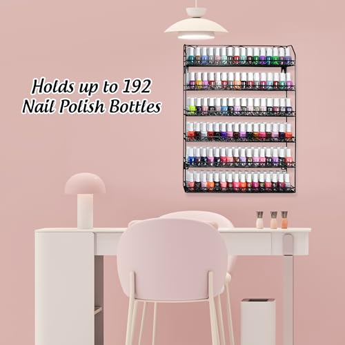 AMT 6 Tier Up to 192 BOTTLES Metal Nail Polish Racks for the Wall, Quality Nail Polish Display, Essential Oils Organizer. Holds up to 192 Bottles (Black)