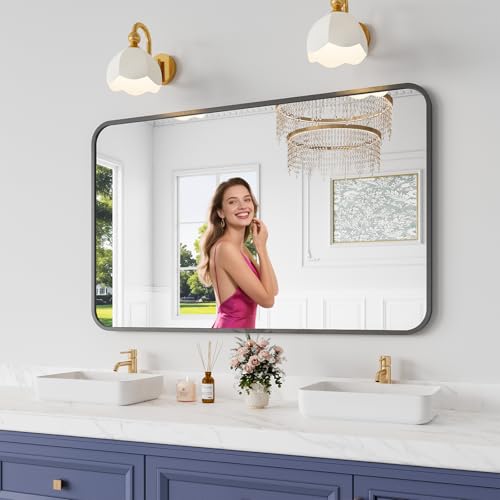 Black Bathroom Mirror 30x48 Inches Wall-Mounted Frameless Tempered Glass