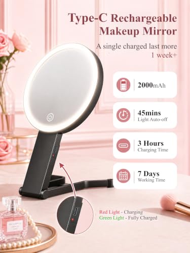 Black 40X/1X Double-Sided LED Travel Makeup Mirror with Light - Jadazror