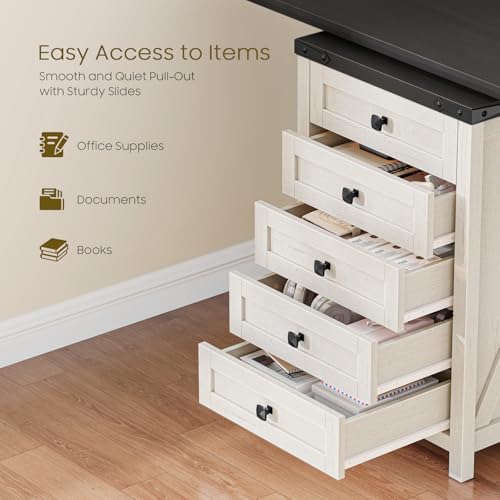 Halitaa Rustic White & Black 5 Drawer Farmhouse File Cabinet - Compact Vertical Storage, 15.75 x 18.11 x 27.76 inches