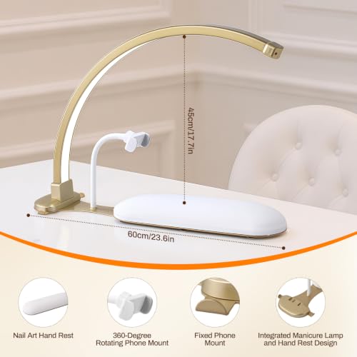 Nail Desk Lamp with Arm Rest - Shadow-Free Half Moon Light, Dimmable, Gold