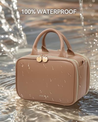 Prite Brown Large Travel Makeup Bag with Standing Brush Holder – Waterproof Cosmetic Organizer