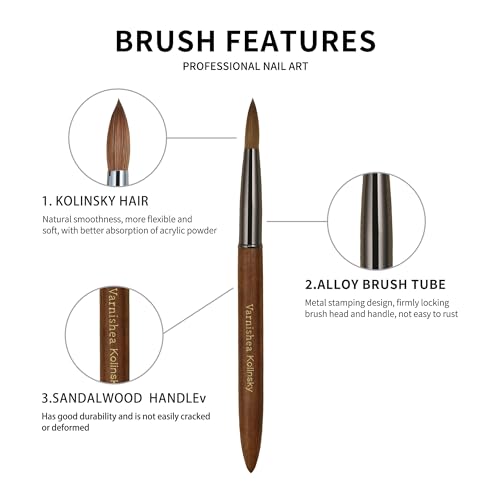 100% Pure Kolinsky Hair Acrylic Nail Brush Sandalwood Handle Professional Manicure Brushes for Powder Nail Acrylic Application - Salon & DIY Nail Art Essentials - Size 8, 1.0 Count