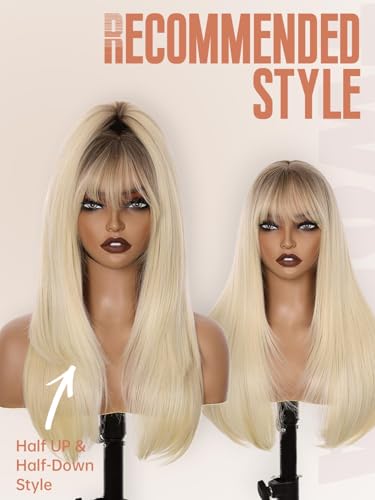 Cool Platinum Blonde Glueless Wig with Bangs | 26 Inch Long Straight