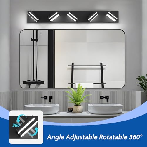 Black 5-Light Dimmable Bathroom Vanity Light Fixture - 360° Rotatable, Matte Black Acrylic Wall Sconce, Over Mirror LED Lighting - 30 Inch