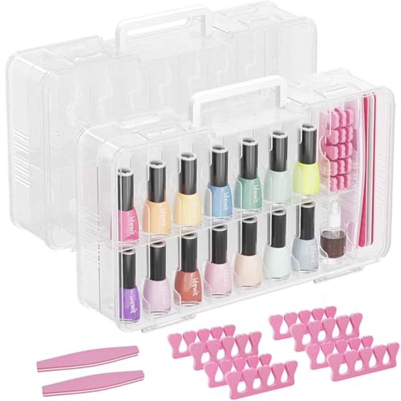 Lifewit Nail Polish Organizer Case for 36 Bottles with 8 Adjustable Sections, Portable Sturdy Gel Nail Polish Storage Holder with 4 Nail Separators, Clear, 33 ¡¿ 8 ¡¿ 20 cm/13 x 3 x 8 inch, 2 Pack