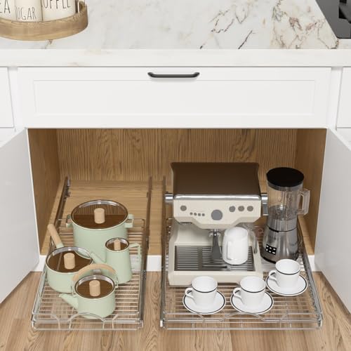 Pull Out Cabinet Organizer 2 Pack - 15W x 21D Inch Sliding Shelves for Kitchen & Bathroom