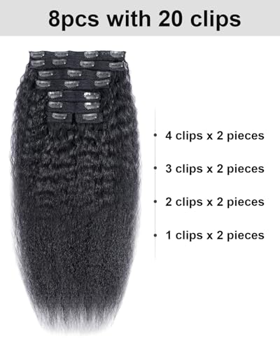 Kerriana Kinky Straight Clip-In Hair Extensions 18 Inch Natural Black - Yaki Texture, 8pcs 110g
