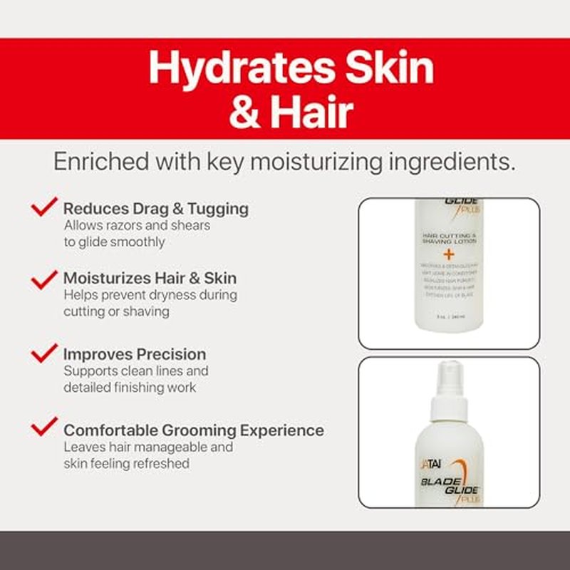 JATAI - Blade Glide Plus - Hair Cutting and Shave Lotion - Moisturizes Skin & Hair - Equalizes Hair Porosity - Extends Life of Blade - With Silicone, Pro Vitamin B5 & Purified Water - 8 Oz