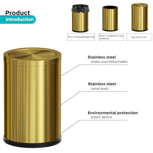 18L Stainless Steel Bathroom Trash Can - Gold Round Waste Bin with Swing Lid - Variation of 18L-Gold