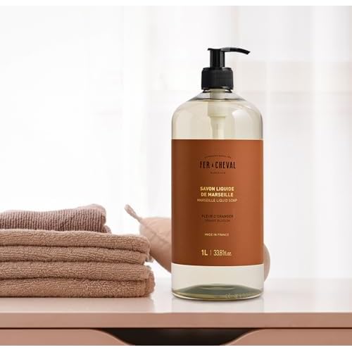 Fer a Cheval Marseille Liquid Soap, Orange Blossom, 1 L / 33.8 fl oz ? Gentle Hand and Body Wash with Shea Butter ? Made in France