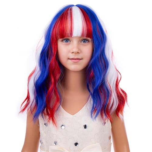 Kids Rainbow 4th of July Wigs - Blue, Red & White Short Curly Costume Wig with Bangs, Adjustable Fit