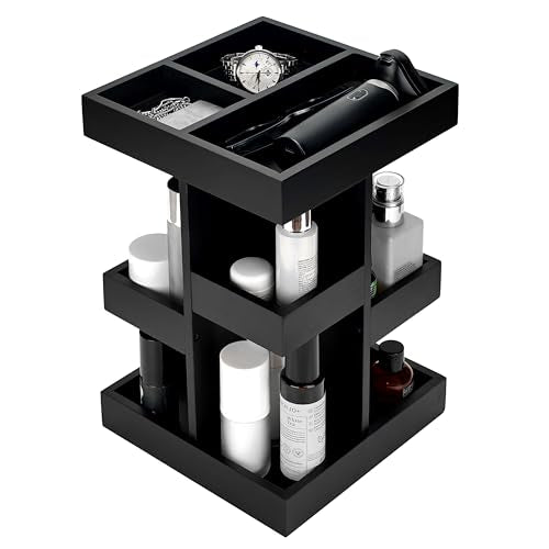 Cologne Organizer for Men, 3-Tier Wood Perfume Stand with Rotating Drawer, Large Capacity Storage for Desk Nightstand (Black)