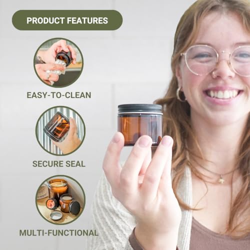 2oz Amber Glass Jars with Black Lid - Pack of 12, Reusable & Sun-Protected for Beauty & Candles