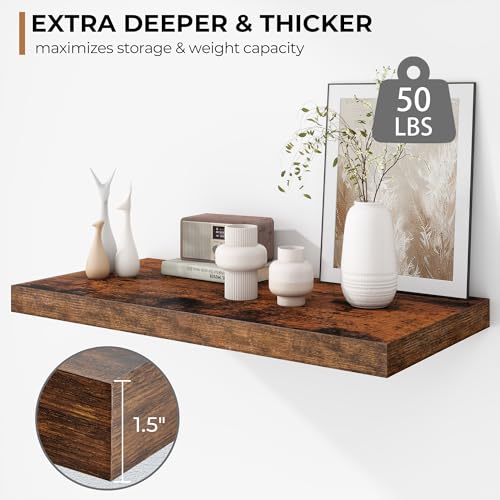 Rustic Brown Floating Shelves Set - 23.6 Inch Deep Wall Storage - Extra Thick & Deep for Living Room, Kitchen, Farmhouse Decor