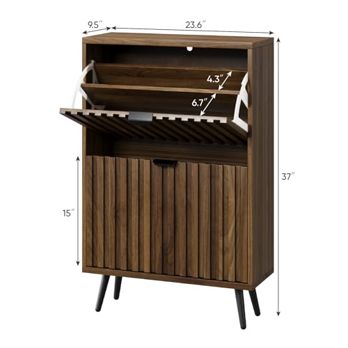 Walnut Shoe Cabinet with Flip Drawers - 23.6 Inch Freestanding Organizer with Fluted Design