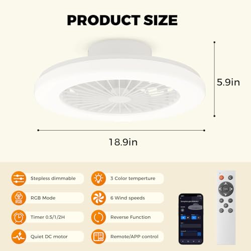 18.9-Inch RGB Flush Mount Ceiling Fan with Light, 6 Speeds, 3 CCT Colors, Timer - White / 3CCT RGBCW