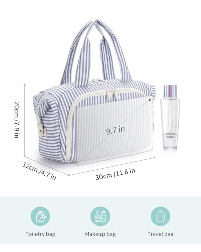Narwey Travel Toiletry Bag for Women – Large Makeup & Cosmetic Organizer, Y-Greyish Blue Stripe