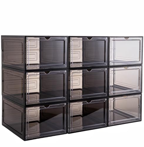 Clear Black Stackable Shoe Storage Boxes - XL 9 Pack with Magnetic Doors