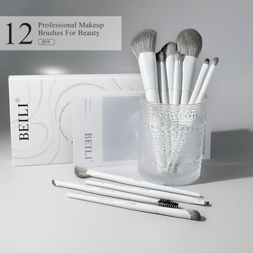 White Professional Makeup Brush Set - 12 Dense Synthetic Brushes for Face & Eyes, Elegant Storage