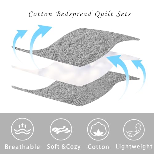AJOCCI Grey Queen Cotton Quilt Set 3PC - Breathable All-Season Bedspread