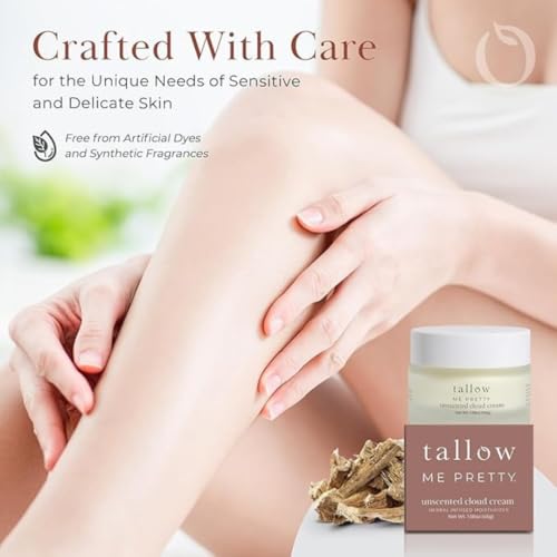 Unscented Cloud Cream, Nourishing Beef Tallow Moisturizer Infused with Lavender and Marshmallow Herbs for Deep Hydration, Soothing Relief, No Essential Oils, Gentle for Sensitive Skin, 1.58 oz