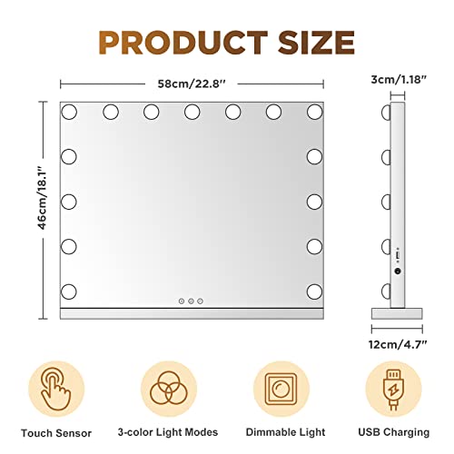 Hollywood Vanity Mirror with Lights, 15 Bulbs 23 x 18 Inch Makeup Mirror with USB Charging and 10x Magnification, Touchscreen 3 Lighting Modes