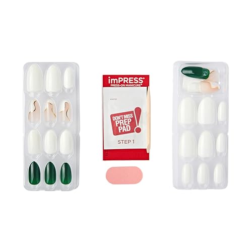 KISS Impress Press-On Manicure Fake Nails, In My Head - Medium Length, Almond Shape, Polish-Free Solid Color Mani, Includes Prep Pad, Mini File, Manicure Stick, and 30 Fake Nails