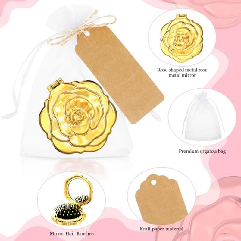 24 Sets Rose Compact Mirrors Brush Bulk Quinceanera Party Favors for Guests Travel Mirror Thank You Gifts Bulk for Sweet 16 15 Party Favors Bridal Shower Wedding Souvenirs(Gold)