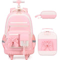 Girls Rolling Backpack with Wheels - Beige Pink School Bag Set with Lunch & Pencil Case