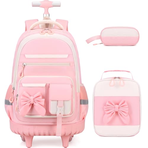 Girls Rolling Backpack with Wheels - Beige Pink School Bag Set with Lunch & Pencil Case