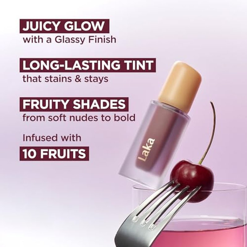 Laka Fruity Glam Tint, 4.5g/0.15oz, Glowing Lip Stain with Wide Color Spectrum, Hydrating & Lightweight Texture, Buildable Color, Non-Sticky, Vegan, K-Beauty (#121 Ashnut)