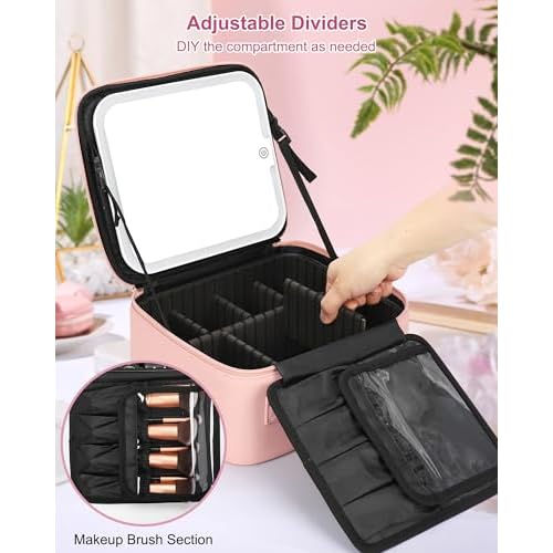 Relavel Initial Makeup Bag with LED Mirror for Women Girls, Personalized Travel Cosmetic Organizer Train Case, Birthday Gifts for Grandkids Bridesmaid Graduation Teacher Friends, Trendy Stuff, Pink K