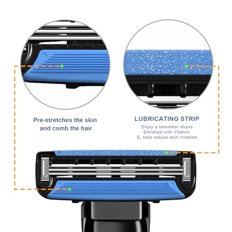 3-Blade Men Razor with Lubricating Strip & Pivoting Head - Safety Razor Blades Kit Includes 2 Handles, 8 Razor Blade Refills, Wall Hook & Cleaning Brush