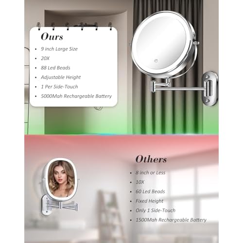 9" Wall Mounted Makeup Mirror with Light, 20X/1X Height Adjustable Double Sided Magnifying Bathroom Lighted Mirror, 3 Color Touch Dimmable Extended Arm 360 Rotation Light up Magnification Mirrors