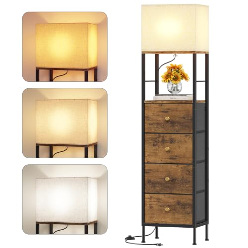 Tall Nightstand with Light & 4 Fabric Drawers - Rustic Brown, 60.4"