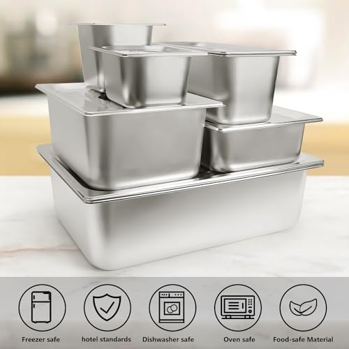 6 Pack Stainless Steel Hotel Steam Table Pans 1/2 Size 6'' Deep with Lids - Commercial Food Storage