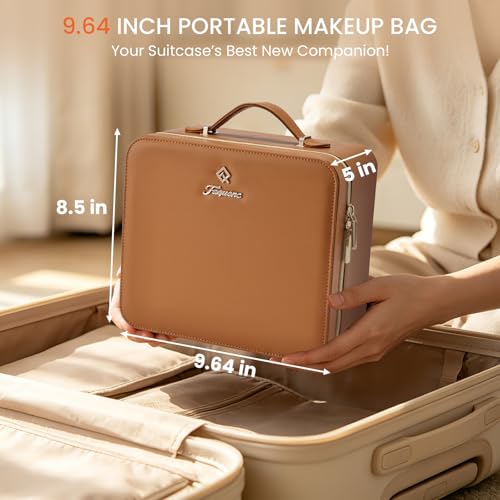 Faquenc ZS Brown Leather Makeup Bag with LED Lighted Mirror - Travel Cosmetic Organizer with Dividers