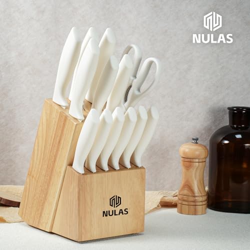 Cream 15-Piece Kitchen Knife Set with Block and Built-In Sharpener - Ergonomic & Rust-Resistant