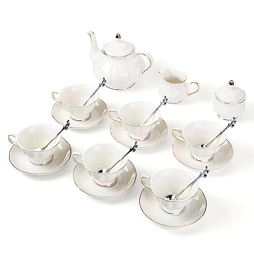 White 22-Piece Porcelain Tea Set with Cups Saucer Teapot Sugar Bowl Creamer for 6