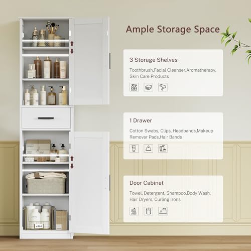 Tall Bathroom Cabinet - White, 67 Inch Storage Closet with 4 Shelves & 2 Doors