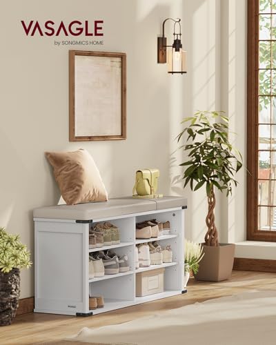 VASAGLE Cloud White Shoe Storage Bench with Removable Cushion, 6 Shelves, 12-15 Pairs