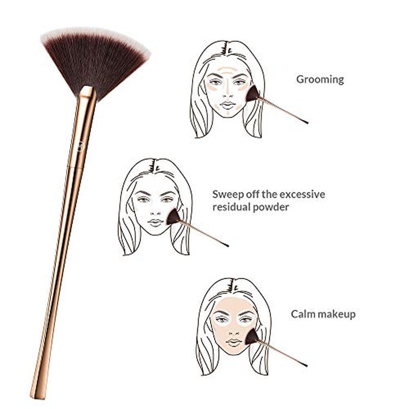 Fan Makeup Brush For Highlighter, Blush, Flutty&Powder Cosmetic Tool w/Long Handle& Anti-Champagne Gold Brush
