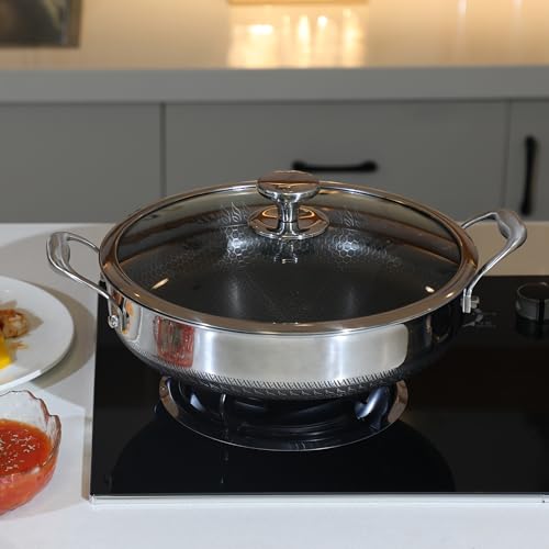 8QT Stainless Steel Nonstick Wok with Lid & Double Handles - Hex Design