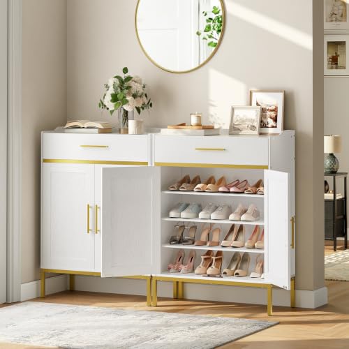 White and Gold 5-Tier Shoe Storage Cabinet with Drawers - Large Wooden Shoe Rack Organizer