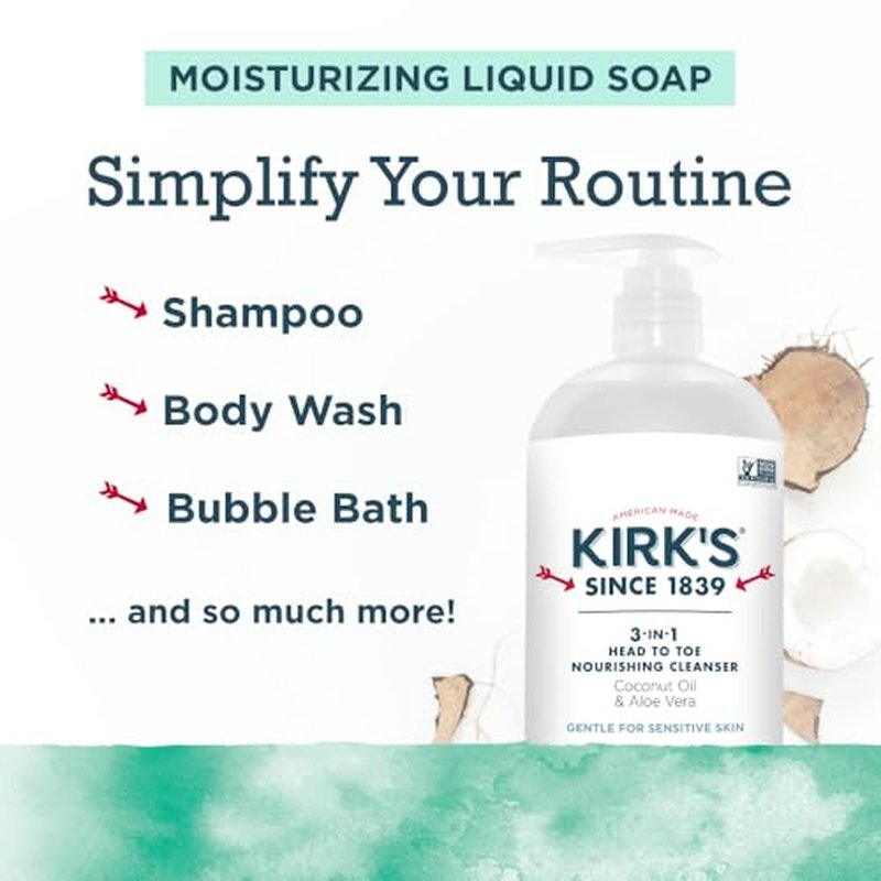 Kirk's 3-in-1 Head to Toe Nourishing Liquid Cleanser & Travel Size Bar Soap - for Men, Women & Children - Premium Coconut Oil & Aloe Vera- Non GMO & Vegan -Mint & Eucalyptus - 32 Fl Oz