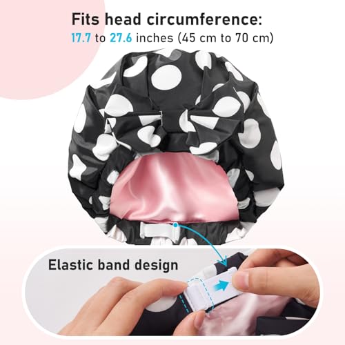 LitBear Silk Lined Waterproof Shower Cap for Women - Black Dots