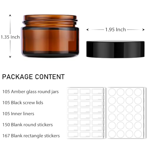 Bumobum 1 oz Amber Glass Jars with Lids, 105 pack Clear Small Jars with Black Lids, White Labels and Inner Liners, Empty Round Cosmetic Containers for Cream, Lotion (Amber 105 Pack)
