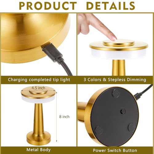 8 Pack LED Cordless Rechargeable Table Lamps - Gold, Portable & Touch-Controlled