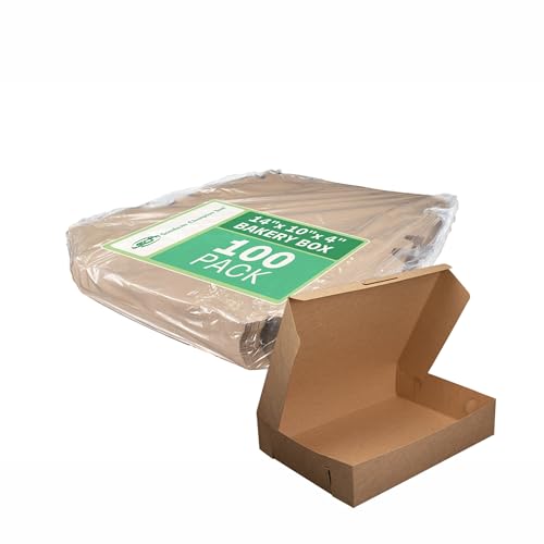 Kraft Bakery Box 14x10x4 Inches - Non-Window, Disposable Pastry & Cake Packaging, 100 Pack